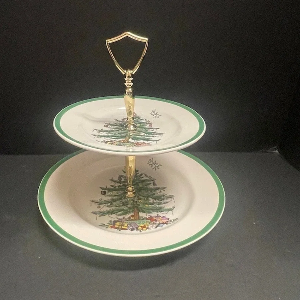 Vintage Spode Christmas Tree Double Tier Serving Tray - New in Box
